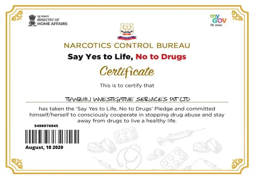 certificate narcotics control bureau say yes to life, no to drugs.