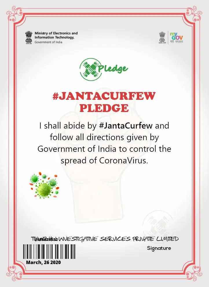 Janta curfew Pledge Certificate.