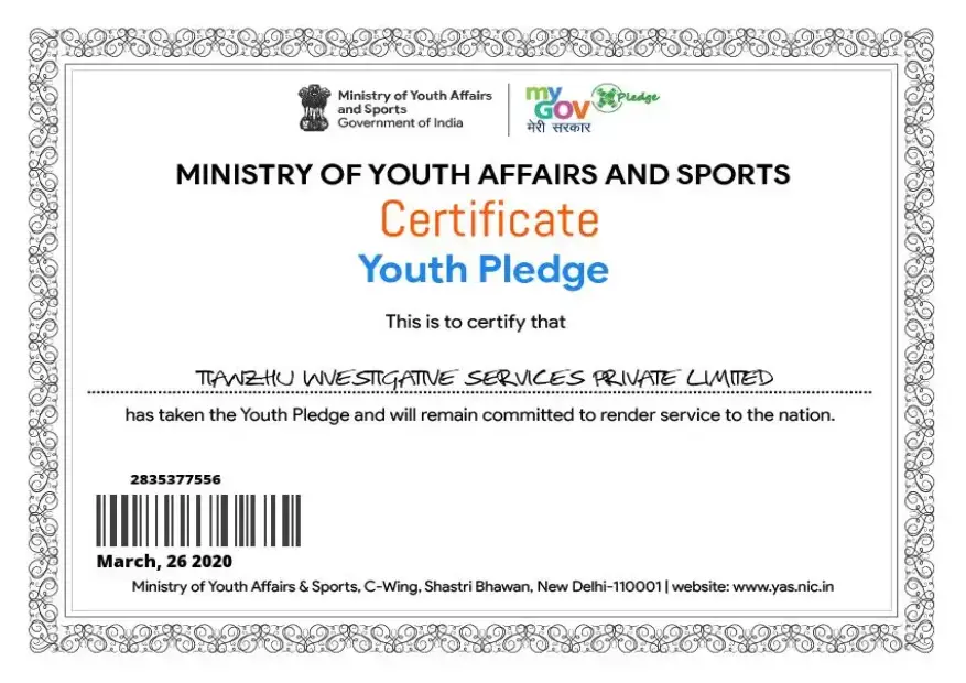 Certificate Ministry of Youth Affairs Pledge.